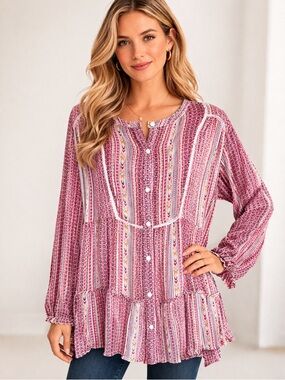 Sundance Boho Tiered Blouse Pink Stripe Button Front Size L